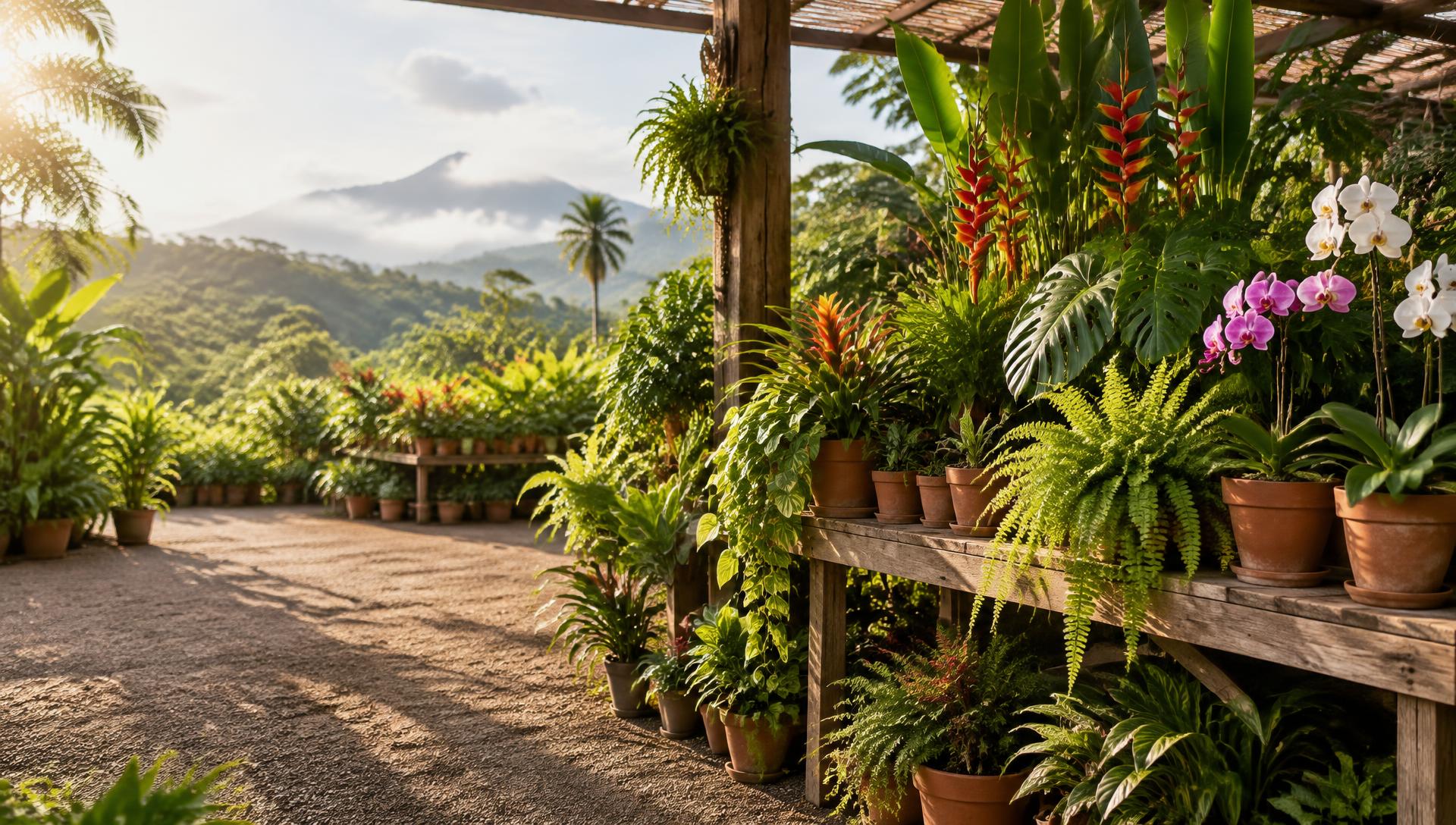 Vivero costarricense con macetas de barro y plantas tropicales